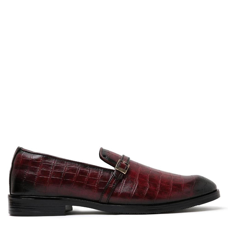 Croco Textured Leather Burgundy Loafer With Side Buckle