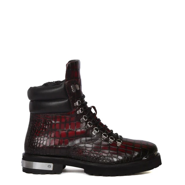 Croco Deep Cut Leather Lace UP Ankle Boot - Burgundy
