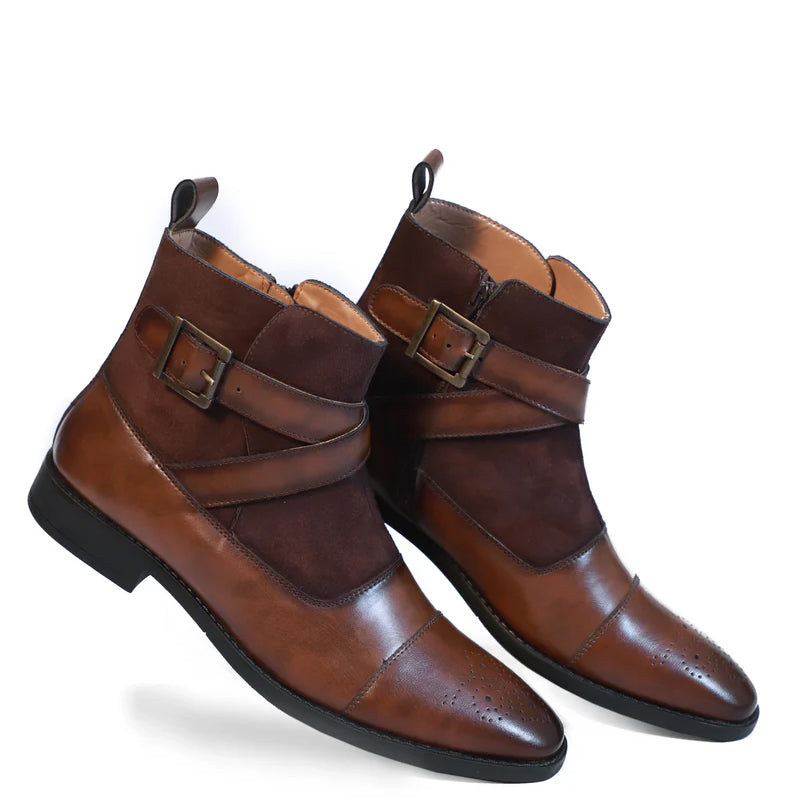 Leather Side Zip Up Buckled Ankle Black Boot