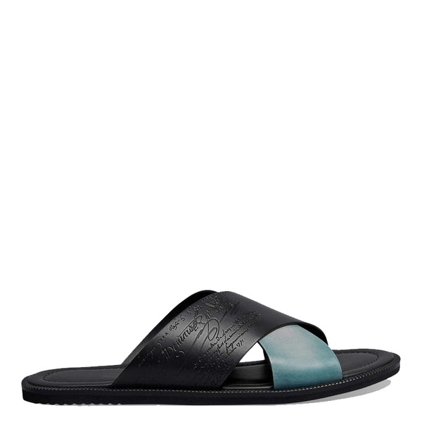 Handcrafted Cross Strap Leather Sandals - Black/Teal