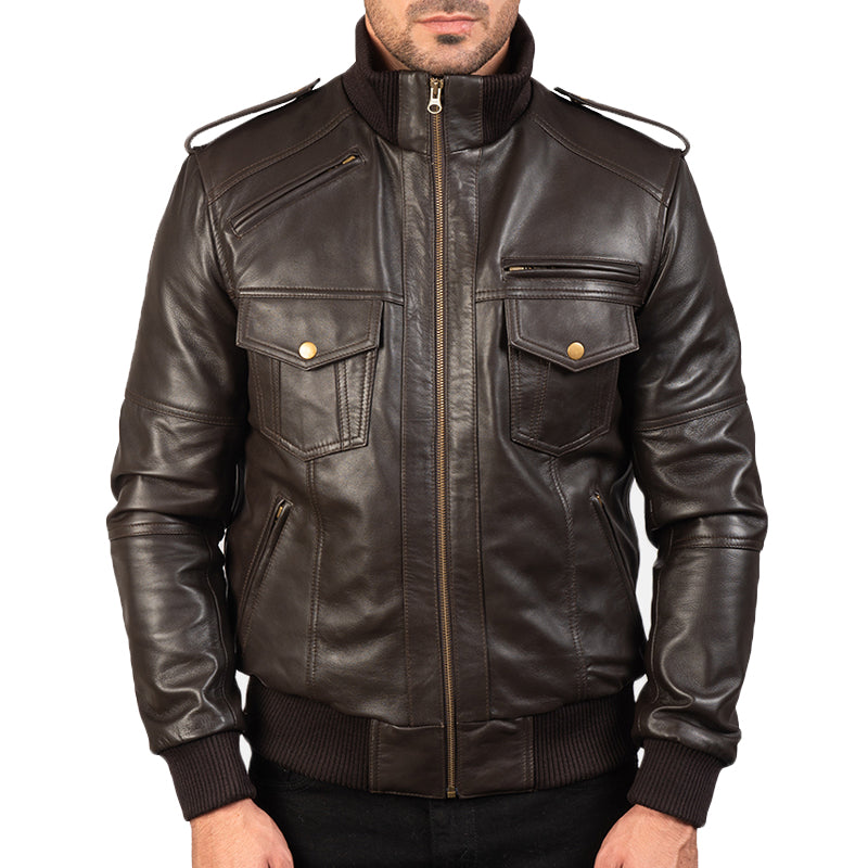 Agent Shadow Leather Bomber Jacket For Men