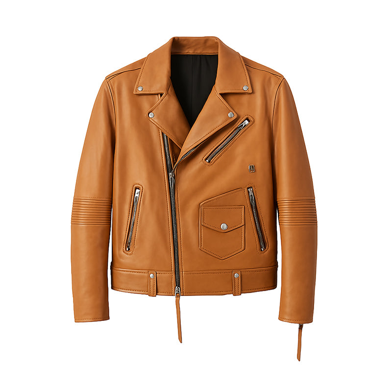Men's Tan Leather Biker Jacket with Zippers