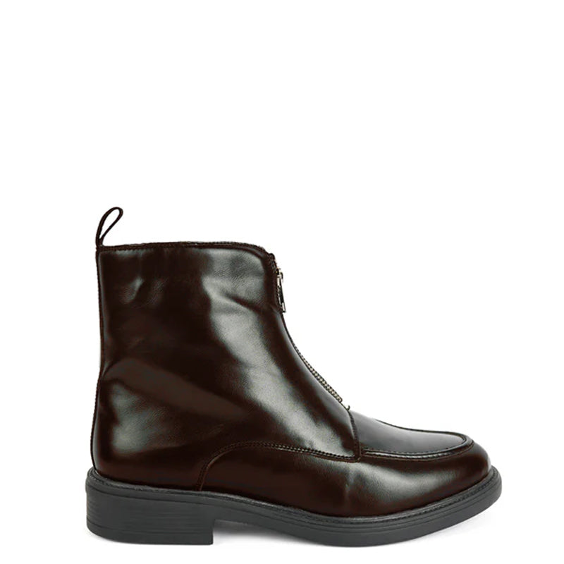 Polished Leather Front Zip-Up Brown Boot For Men