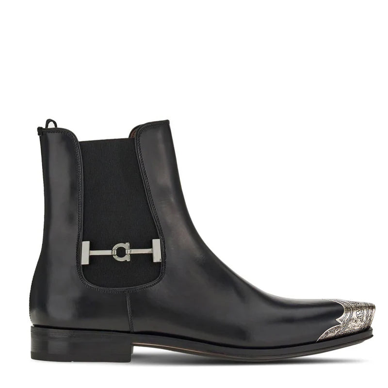 Square Toe Buckle Ankle Boot with Silver Toe