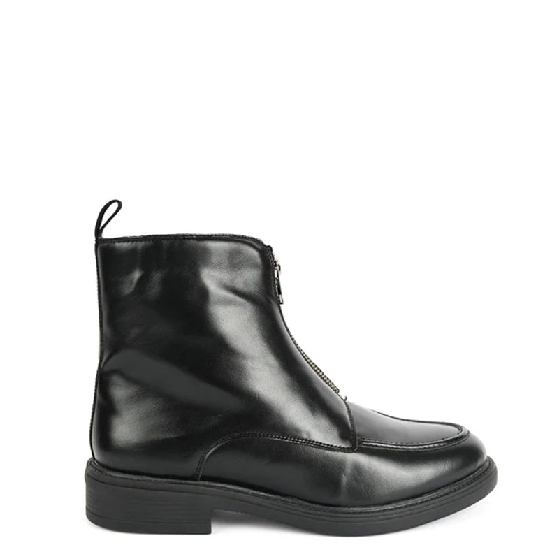 Polished Leather Front Zip-Up Black Boot For Men
