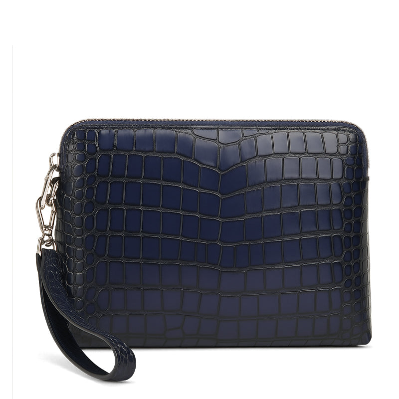 Men's Crocodile Blue Leather Zipper Clutch Bag