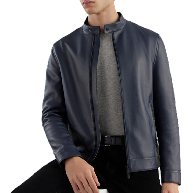 Navy Nikolai Leather Jacket For Men