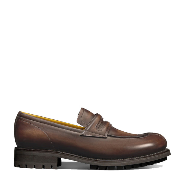 Mens Leather Round Toe Penny Loafer in Chunky Sole