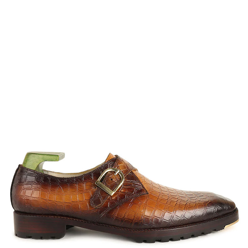 Handpainted Patina Croco Leather Single Monk Straps Shoes