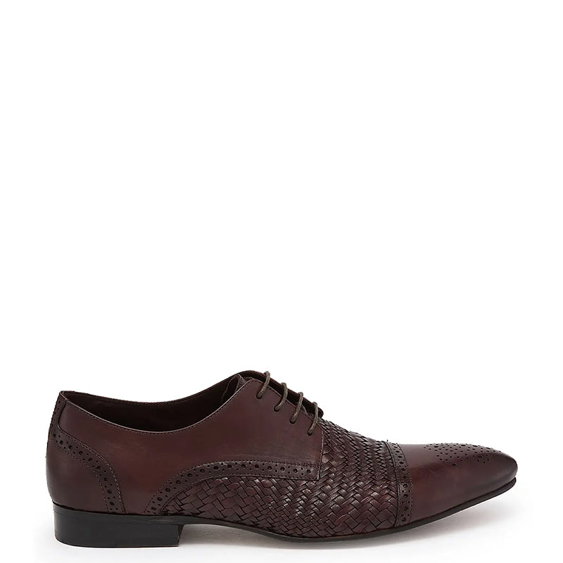 Men Handmade Leather Woven Textured Oxford Shoe Brown