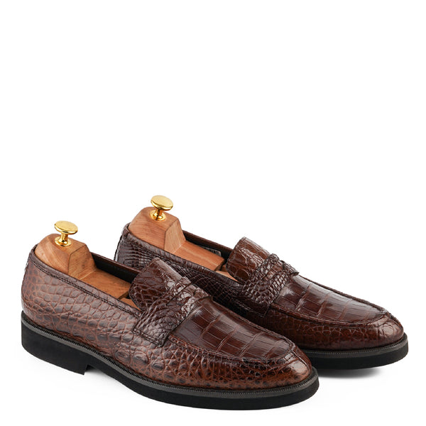 Croco Print Handmade Penny Leather Loafer
