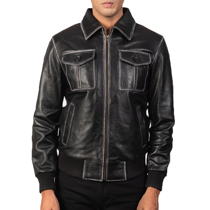 Men Solid Aaron Leather Bomber Jacket