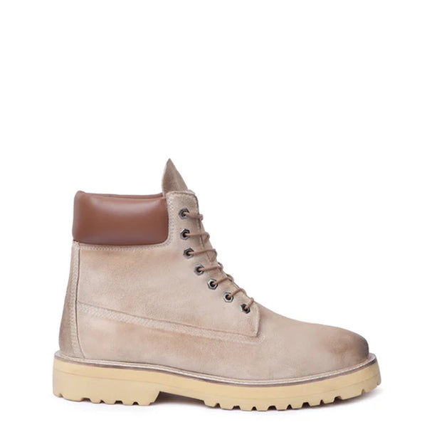 Suede Leather Lace Up Biker Beige Boot