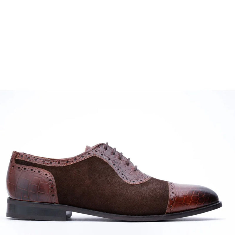 Suede Croco Textured Leather Oxford Shoe Tan Brown