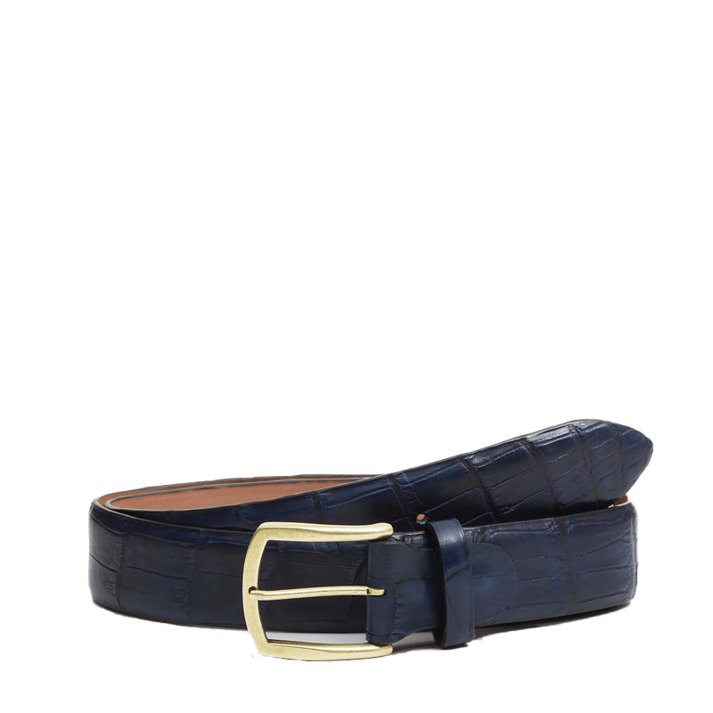 Men Croc Leather Belt With Gold Buckle