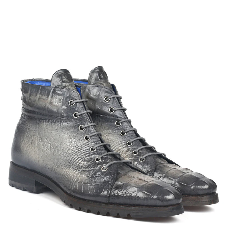 Hand Painted Croco Print Leather Lace Up Boot Burgundy