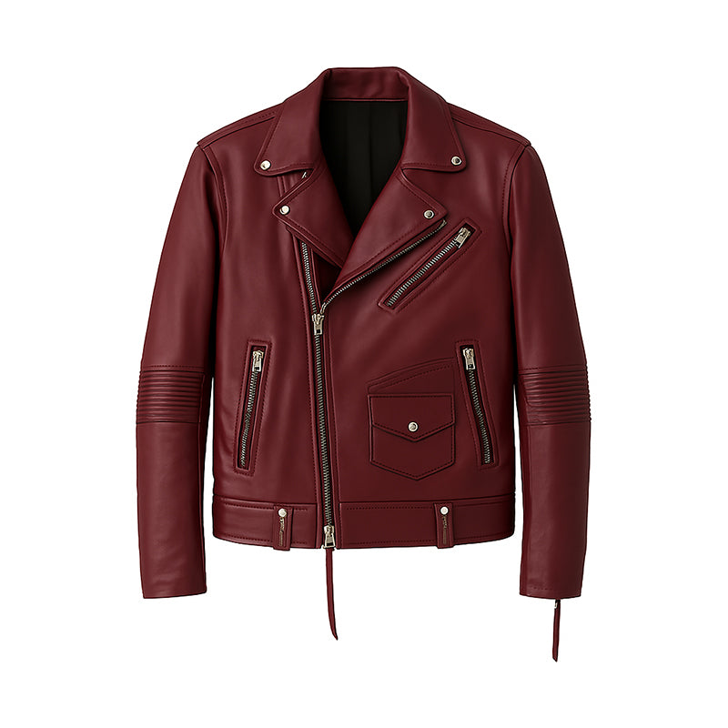 Men's Burgundy Leather Biker Jacket with Zippers