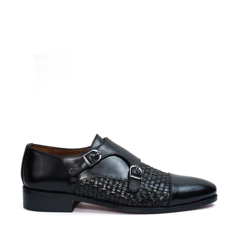 Woven Leather Double Monk Shoes For Men