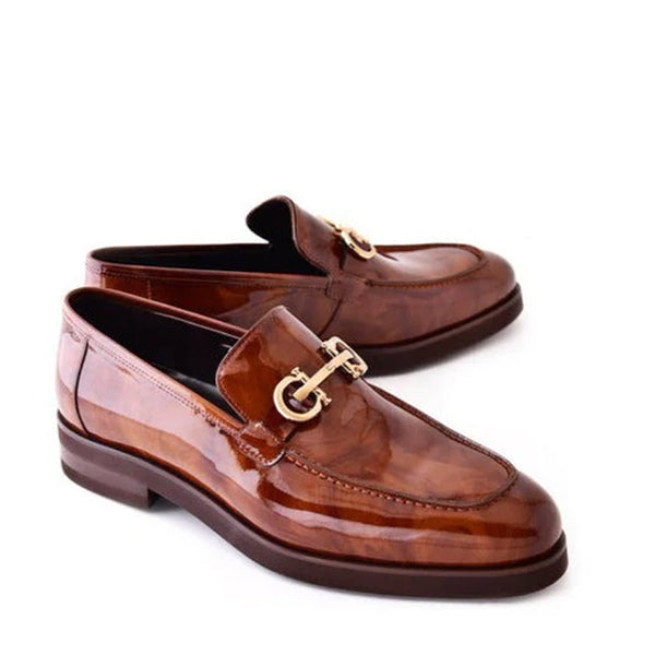 Marble Calf Leather Formal Loafers - Brown