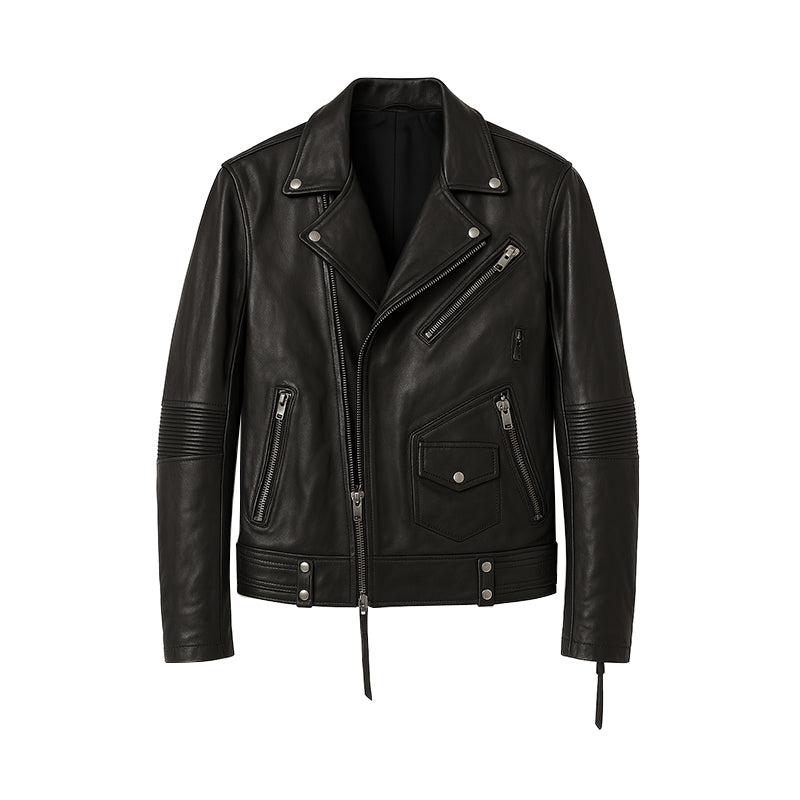 Men's Black Leather Biker Jacket with Zippers