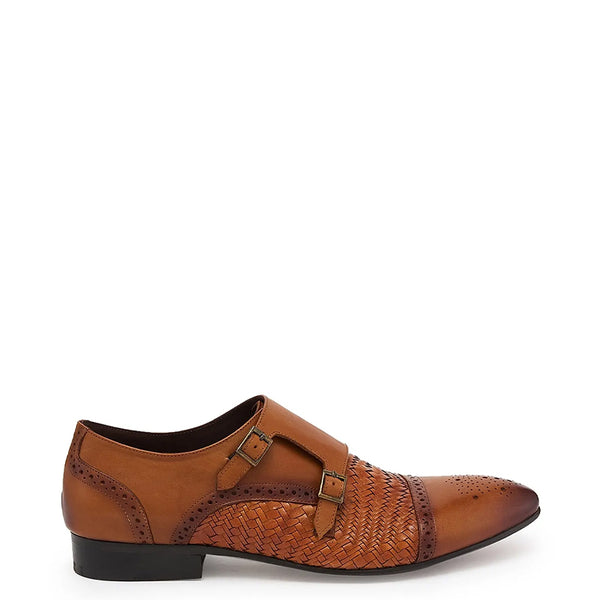 Men Woven Textured Leather Double Monk Strap Shoes