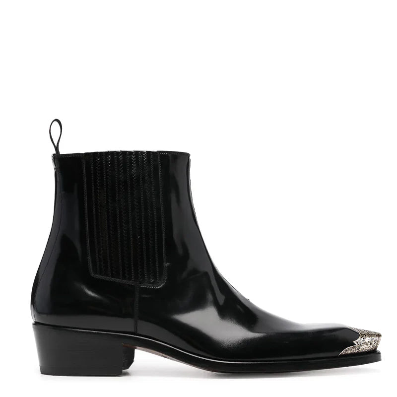 Negra Patent Leather Chelsea Boots with Silver Toe