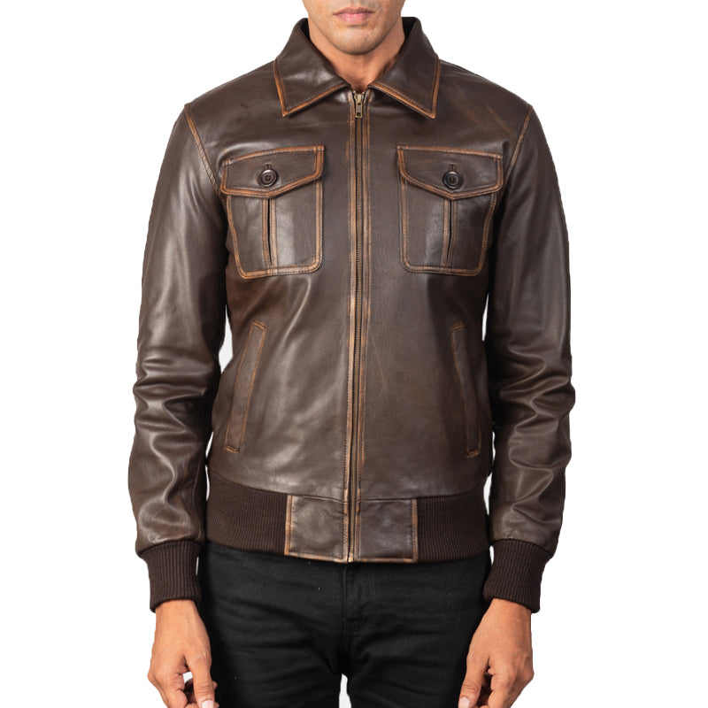 Men Solid Aaron Leather Bomber Jacket