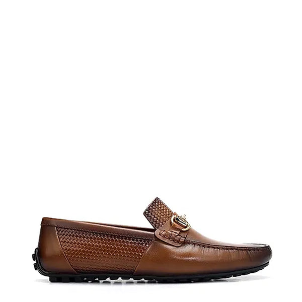 Men Round Toe Leather Moccasins Buckled Loafer - Black