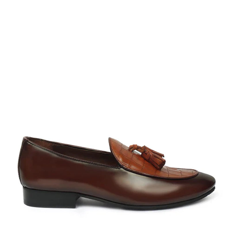 Croco Leather Tan Brown Tassel Loafer With Deep Cut