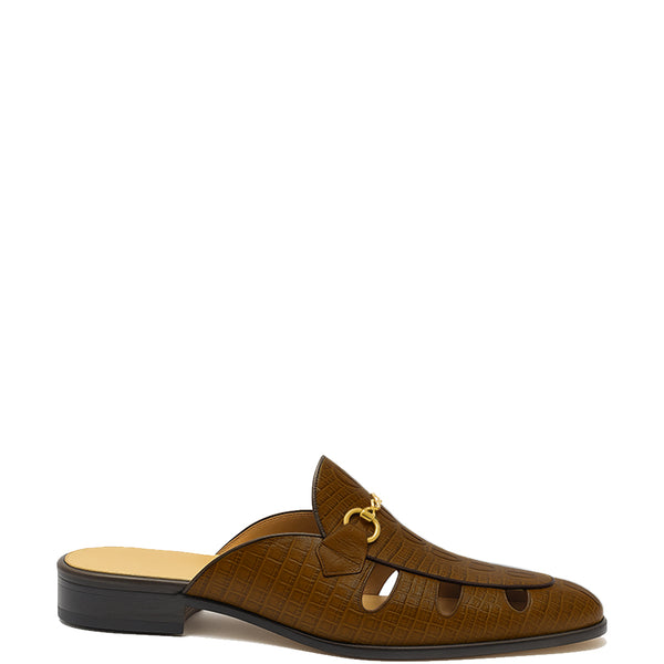 Embellished Textured Leather Mule - Brown