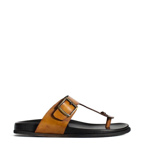 Men Slip On Leather Buckle Sandal - Tan