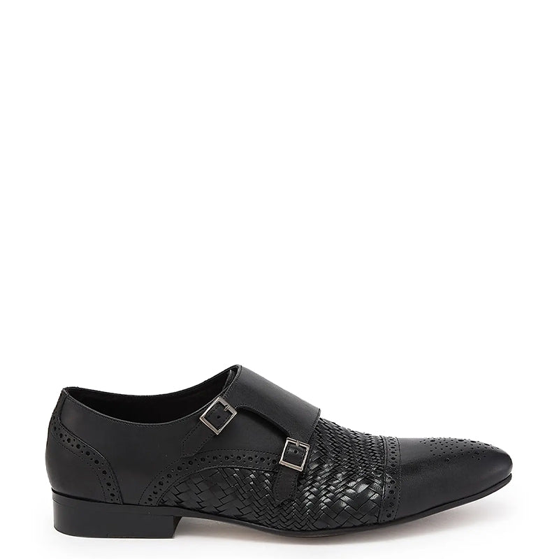 Men Woven Textured Leather Double Monk Strap Shoes