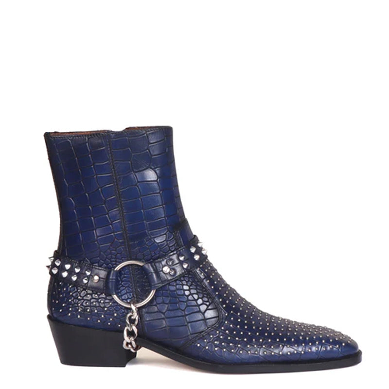 【CERRIC】STUD ENCIRCLE BUCKLE BOOT/ 追跡付 Croco With Silver Studded Buckle Side-Zipper Chain Boots