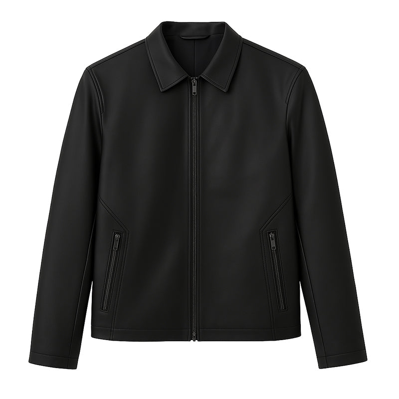 Men's Plain Casual Black Leather Jacket with Collar