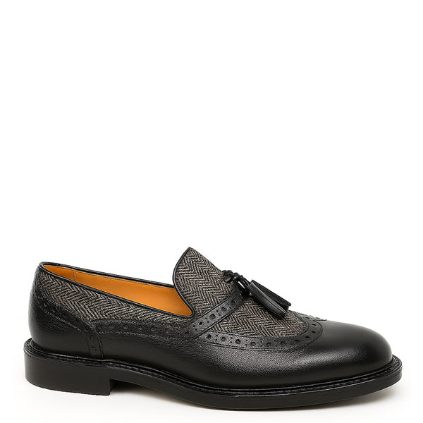 Mens Leather Tassel Loafer with Dual Textured Elegance - Black