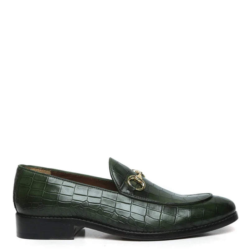 Croco Leather Horse bit Buckled Green Loafer