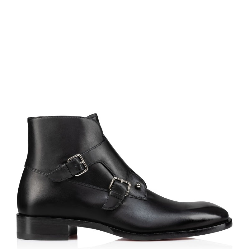 Double Monk Solid Black Leather High Ankle Boot