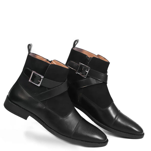 Leather Side Zip Up Buckled Ankle Boot