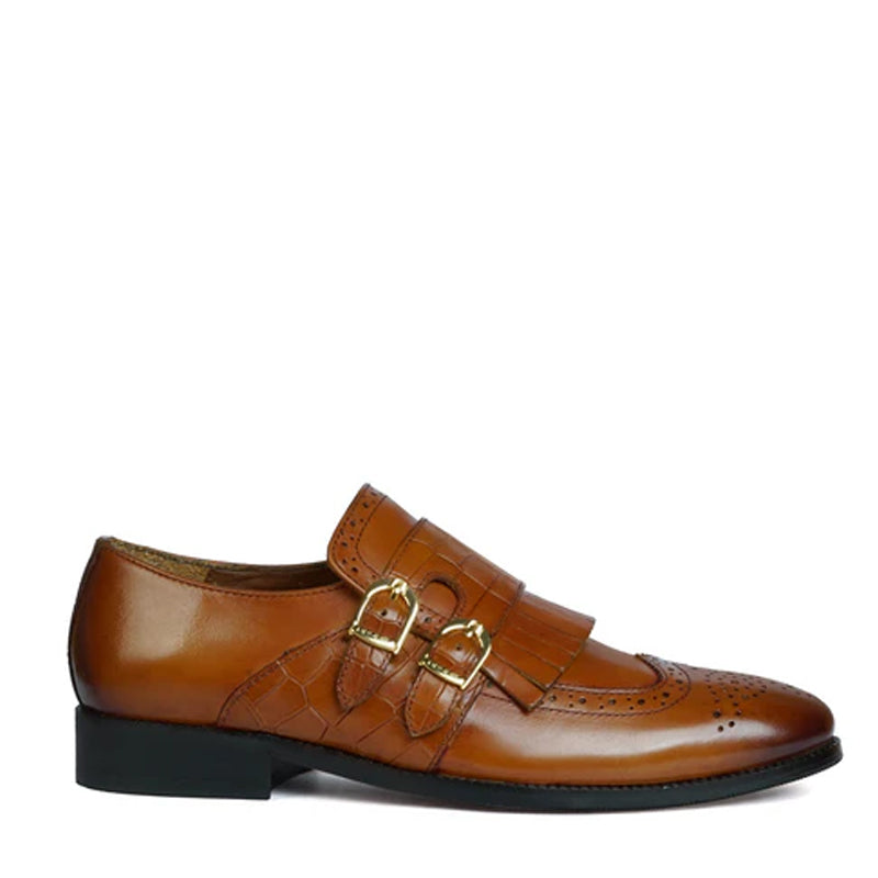 Men Leather Double Monk Strap Shoes with Fringes