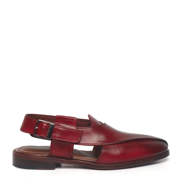 Cross Strap Slip On Leather Peshawari Tan Sandal - Burgundy