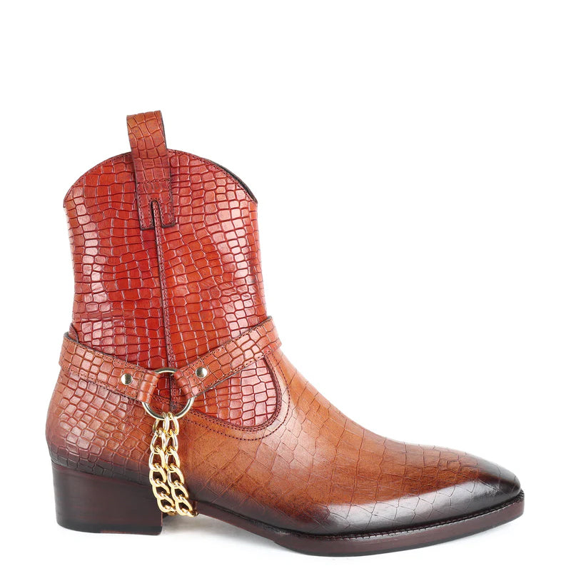 Croco Patina Leather Cowboy Chain Boots