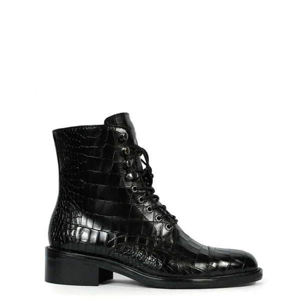 Croco Leather Lace Up High Ankle Boot