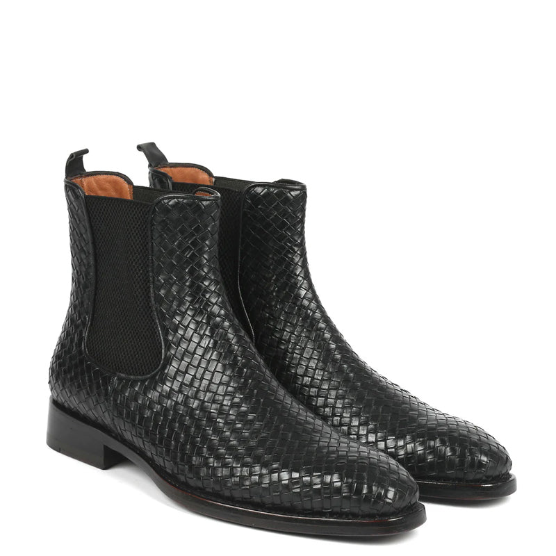 Woven Handmade Shiny Leather Chelsea Brown Boot