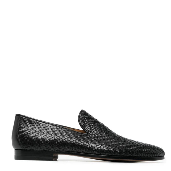 Handmade Woven Solid Leather Loafers - Black