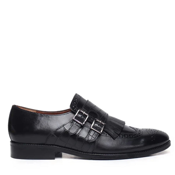 Croco Textured Double Monk Shoe with Fringes