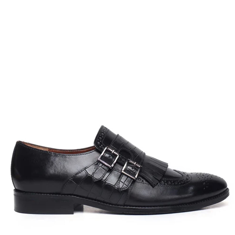 Croco Textured Double Monk Black Shoe with Fringes
