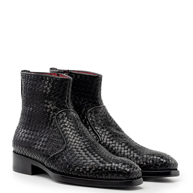 Luxury Stylish Woven Leather Side Zipper Boot Brown