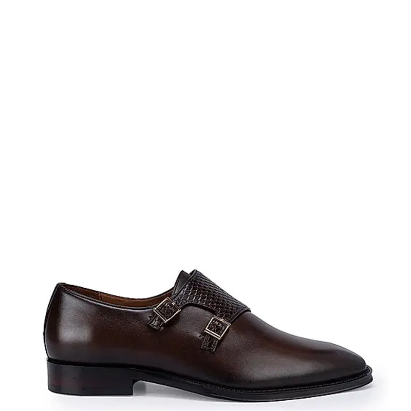 Polished Shiny Leather Textured Double Monk Shoe Black