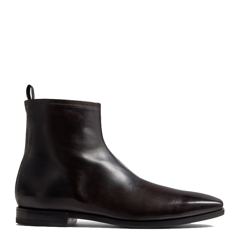 Luxury Leather Polished Dark Brown Square-toe Boot With Side-zip Detailing