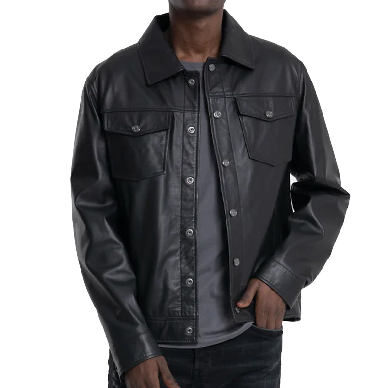 Buttoned Leather Jacket For Men